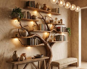 May include: A wall-mounted shelving unit shaped like a tree with integrated lighting, featuring multiple wooden shelves holding books, ceramic vases, and lanterns. A wooden console table sits below, and a patterned bench is placed to the right.