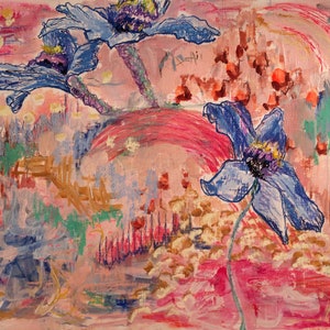 May include: Abstract painting with three blue flowers on a pink background. The flowers have yellow centers and are outlined in black. The background is a mix of pink, orange, and yellow.