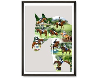 May include: A framed print featuring a horse head silhouette filled with images of equestrian show jumping. The photos show riders on horseback jumping over various obstacles. The frame is black, and the background is light gray.