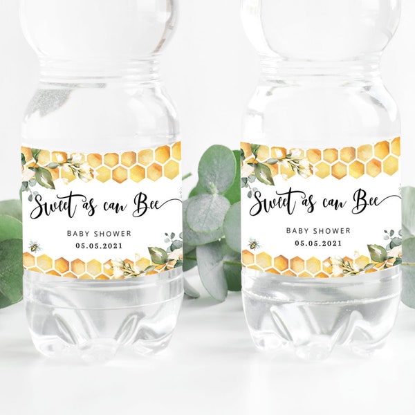Bee Water Bottle Labels. Sweet as can  bee animals Water Bottle Labels. Oh babee baby shower decoration.  Corjl template #bee