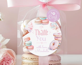 Sweets round favor tag template. Editable ice cream sweet birthday thank you tag. Pastel girl birthday macarons sticker Corjl template #ice1