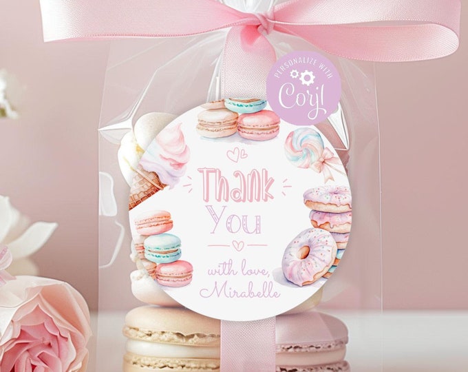 Sweets round favor tag template. Editable ice cream sweet birthday thank you tag. Pastel girl birthday macarons sticker Corjl template #ice1