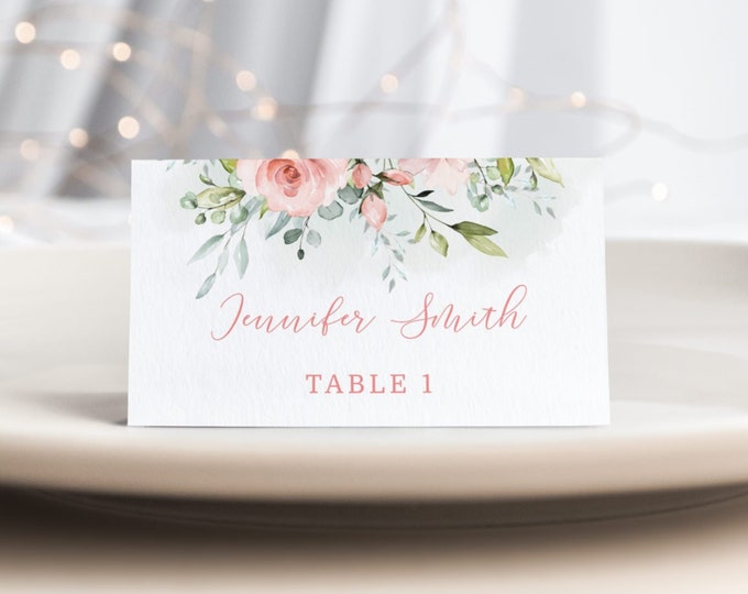 Blush floral Escort Cards. Printable ploral eucalyptus place cards. Editable Wedding Place Cards #fl2