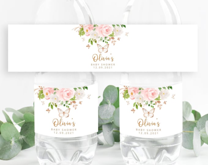 Butterfly Water Bottle Labels. Blush gold floral Water Bottle Labels. Butterfly baby shower decoration.  Corjl template #05