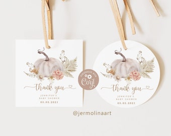 Boho Pumpkin baby shower sticker template.  Little  pumpkin favor tag template. Pampas grass fall round favor tag #p8