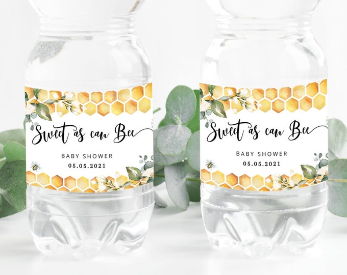 Bee Water Bottle Labels. Sweet as can  bee animals Water Bottle Labels. Oh babee baby shower decoration.  Corjl template #bee