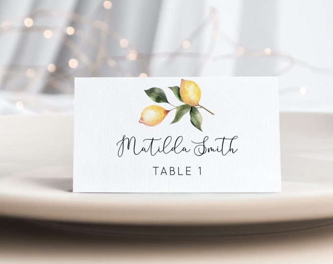 Lemon Escort Cards. Printable elegant lemons place cards. Editable Wedding Place Cards #lm1