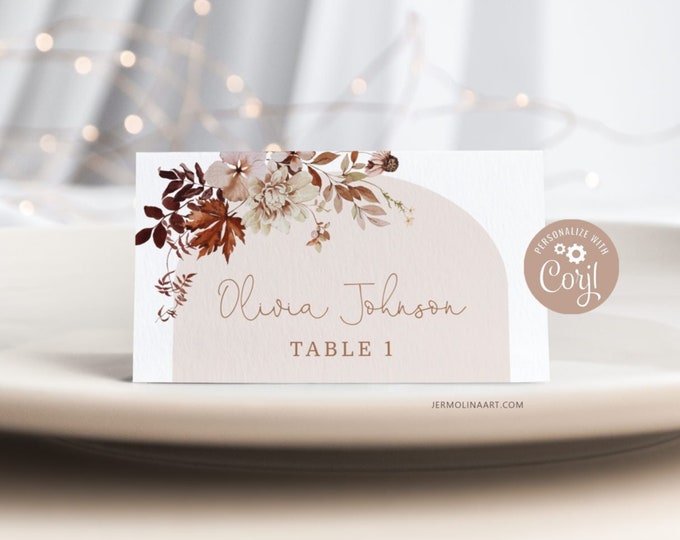 Fall Place Cards Template. Fall arch Printable Place Card. Wedding Name Cards  Editable Corjl template #17