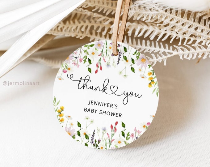 Wildflowers baby shower favor tag. Wildflowers round favor tag template. Floral Circle Favor Tags Template Corjl printable #wl1