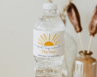 Boho sun Water Bottle Labels. First trip around the sun Water Bottle Labels. Editable sun water bottle label template #s3