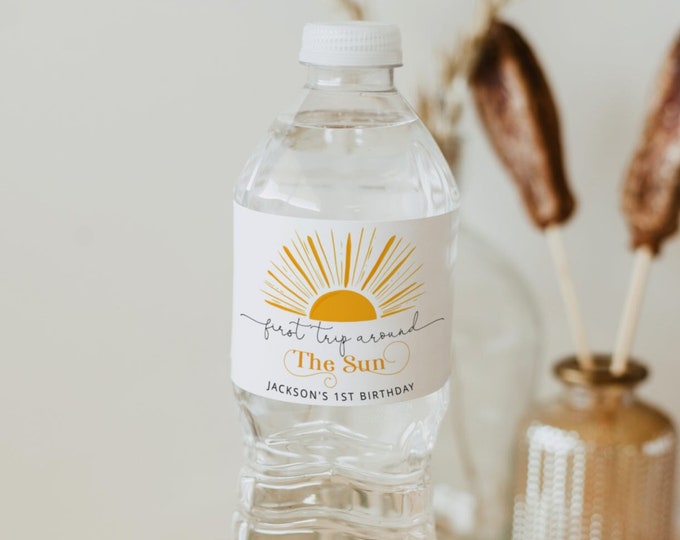 Boho sun Water Bottle Labels. First trip around the sun Water Bottle Labels. Editable sun water bottle label template #s3