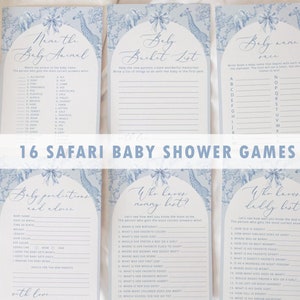 Toile Safari Baby shower games bundle. Blue boy Toile de Jouy Baby shower games bundle. Corjl Editable templates #toi1