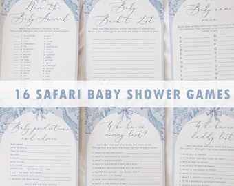 Toile Safari Baby shower games bundle. Blue boy Toile de Jouy Baby shower games bundle. Corjl Editable templates #toi1