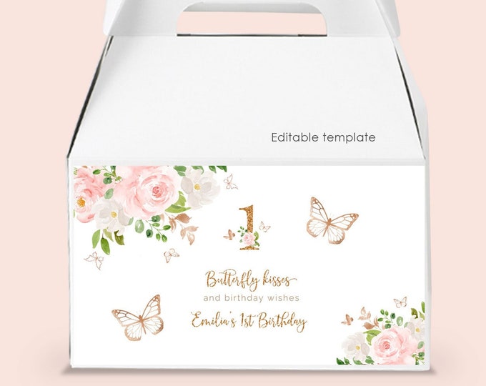 Blush gold butterfly gable gift box label. Watercolor floral gable gift box label template #05