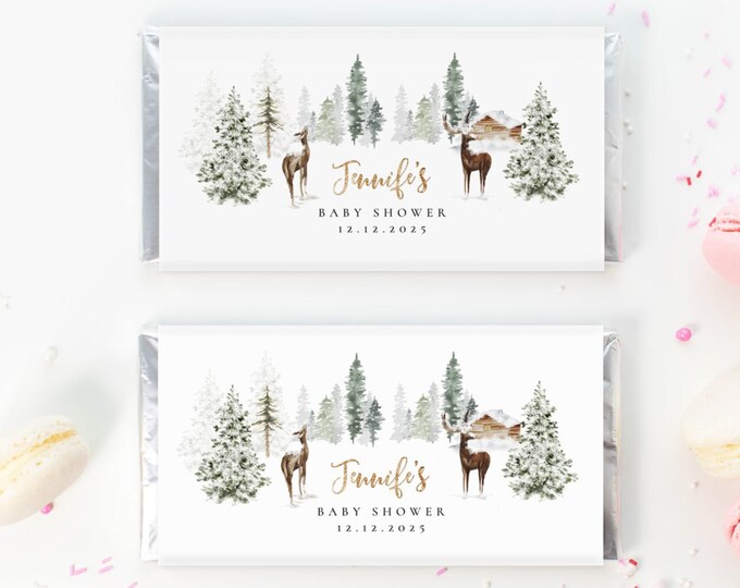 Winter deer Chocolate Bar Wrapper Template. Printable Candy Bar Wrapper. Corjl editable template #w3
