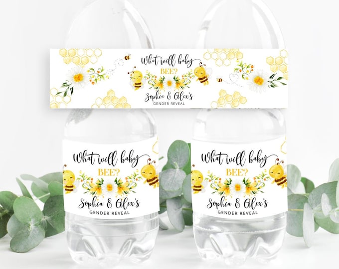 Bee Water Bottle Labels. What will it bee gender reveal Water Bottle Labels. Bee gender reveal decoration.  Corjl template #08