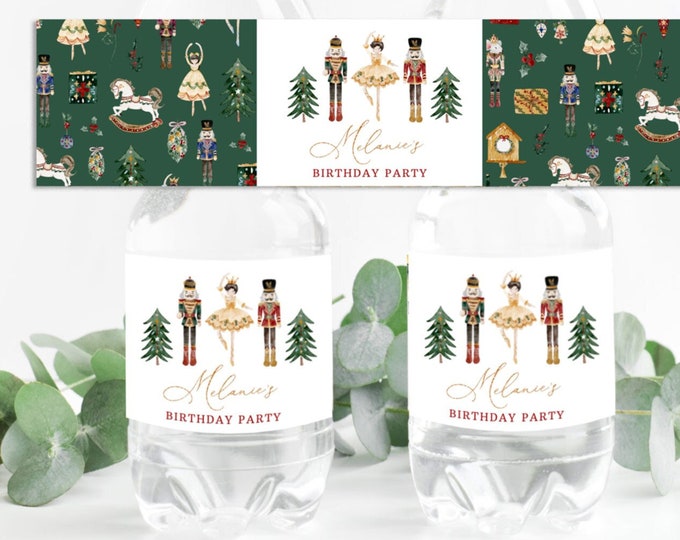 Nutcracker Water Bottle Labels. Editable Winter whimsical sugar plum fairy Water Bottle Labels. Corjl template #nut1