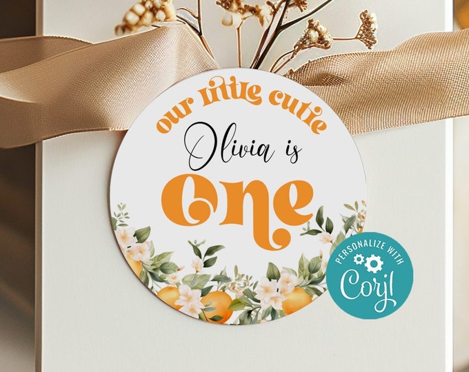 Little cutie birthday sticker template. Editable first birthday citrus round favor tag template. Corjl printable #ct1