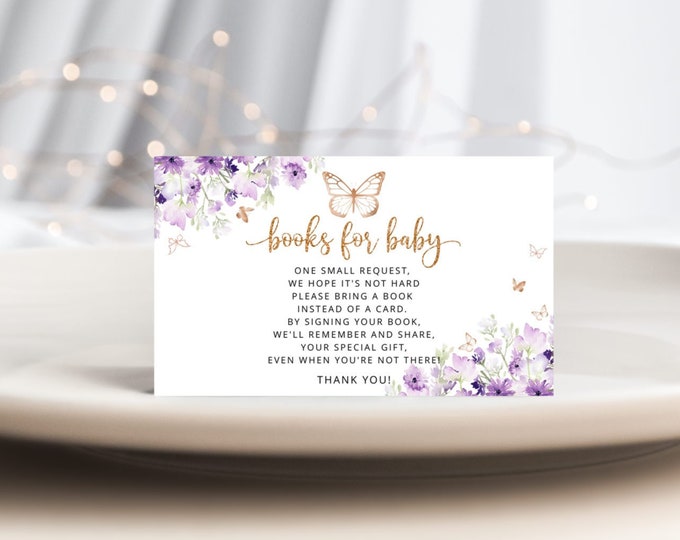 Butterfly books for baby ticket. Lilac gold floral Book Request Ticket. Butterfly kisses and baby wishes baby shower. Instant Download #06