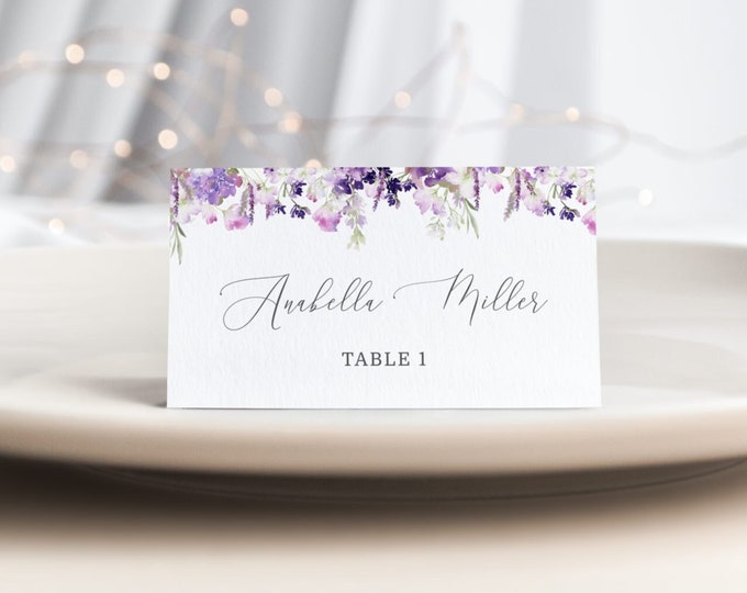 Lilac Place Cards Template. Lavender Printable Place Card. Purple Wedding Name Cards  Editable Corjl template #09