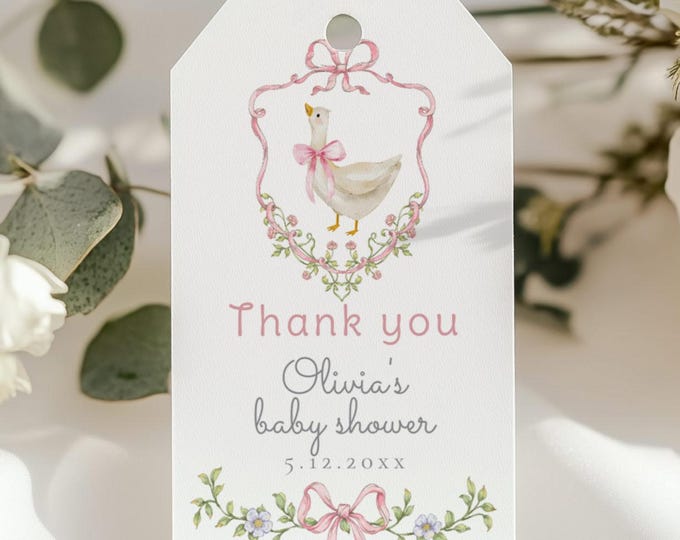 Silly Goose Baby shower favor tag template. Editable Pink Bow whimsical goose thank you tag. Baby shower thank you tag #sg3