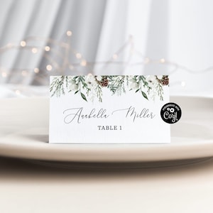 Modello segnaposto sempreverde. Elegante segnaposto invernale stampabile. Biglietti da visita per matrimoni invernali Modello Corjl modificabile #ev1