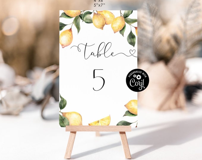 Lemon table number template. Printable citrus table number cards. Editable Lemon Wedding Table Numbers 4x6 and 5x7 #lm1