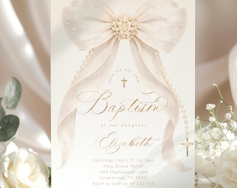 Pearl Bow Baptism invitation template | Gold Elegant Girl Christening invite ( Corjl Editable Template) #bp1