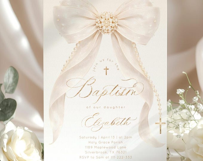 Pearl Bow Baptism invitation template | Gold Elegant Girl Christening invite ( Corjl Editable Template) #bp1
