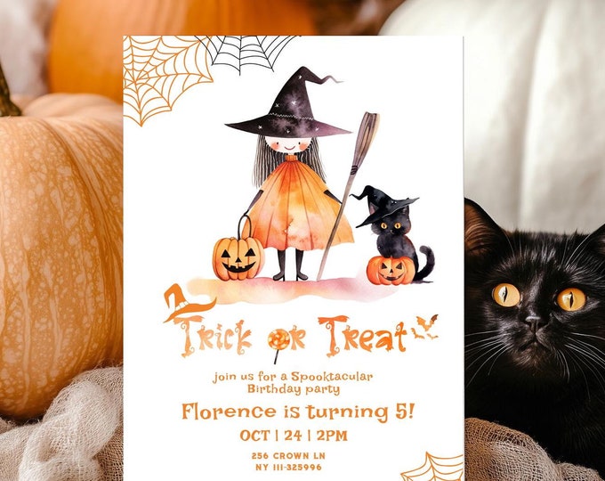 Editable Trick or treat birthday party invite. Cute black cat Halloween birthday party invitation. Cute girl Halloween invitation #hp1