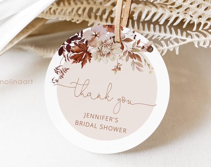 Boho fall round favor tag template. Bridal shower boho round favor tag template. Boho fall Circle Sticker Template Corjl printable #17