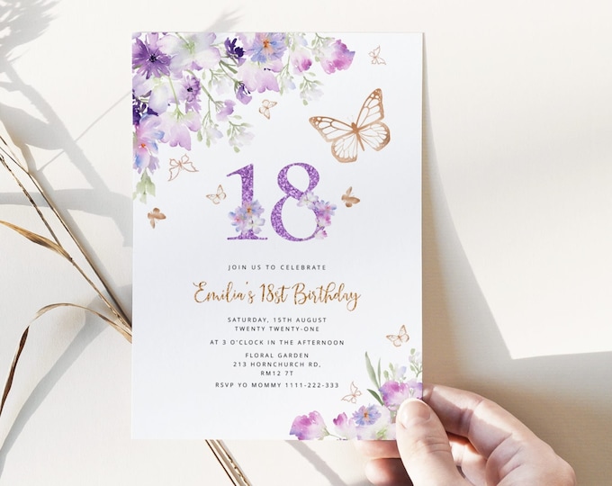 Butterfly 18th Birthday invitation. Wildflowers gold butterfly birthday invitation. Sweet 18 birthday invitation #06