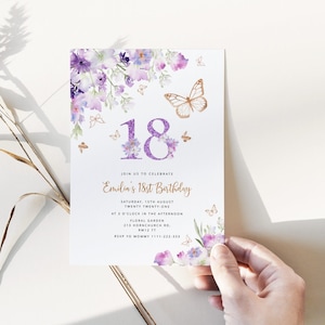 Butterfly 18th Birthday invitation. Wildflowers gold butterfly birthday invitation. Sweet 18 birthday invitation #06