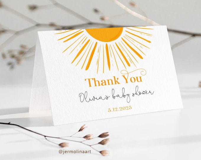 Sun baby shower Thank You Card Printable Template.  Boho here comes the son baby shower thank you card #s3