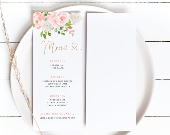 Floral Menu Card. Blush pink gold menu card template. Elegant floral menu card.   Foor menu, breakfast menu card. Corjl template #fl1