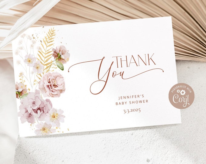 Garden flowers Thank You Cards Printable Template.  Boho floral baby shower thank you card. Elegant wildflowers Thank You Card #gar1