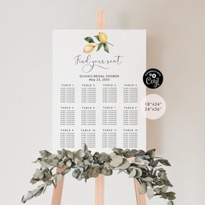 May include: A white printable seating chart with a lemon illustration and the text "Find your seat" and "Olivia's Bridal Shower" with the date "May 23, 20XX". The chart is divided into 12 tables with names listed under each table number. The chart is available in two sizes: 18" x 24" and 24" x 36".