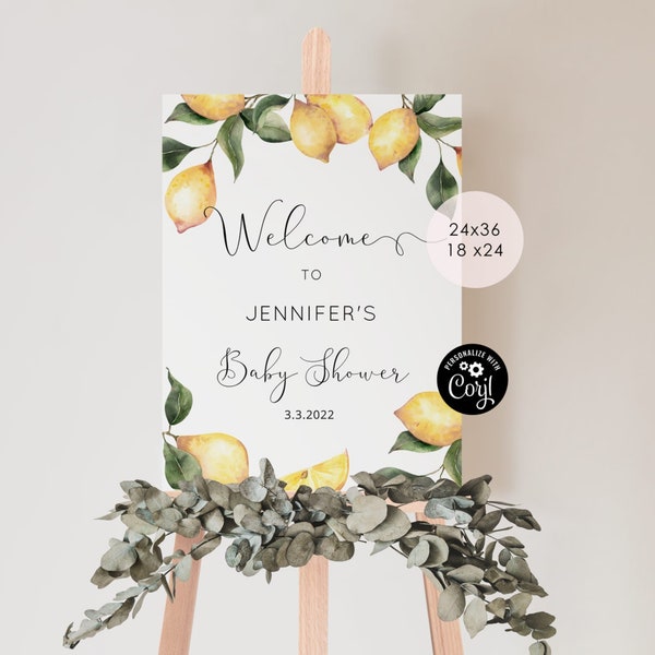 Lemon baby shower welcome sign. Editable citrus welcome sign. Mama's main squeeze baby shower welcome sign template #lm1