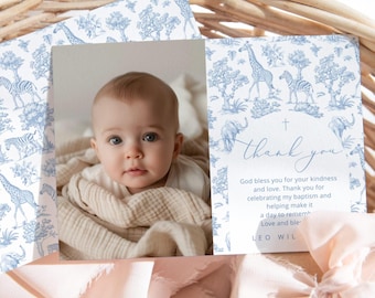 Baby Boy Safari Baptism Photo Thank you card. Blue Toile Chinoiserie arch Baptism thank you. Toile Jungle Photo Thank you card Corjl #toi1