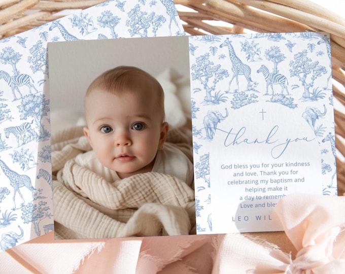 Baby Boy Safari Baptism Photo Thank you card. Blue Toile Chinoiserie arch Baptism thank you. Toile Jungle Photo Thank you card Corjl #toi1