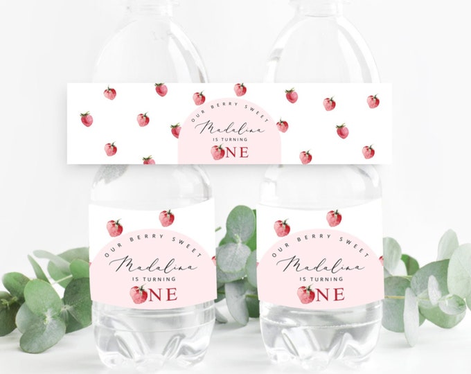 Strawberry Water Bottle Labels. Berry first birthday Water Bottle Labels. Corjl template #ber1
