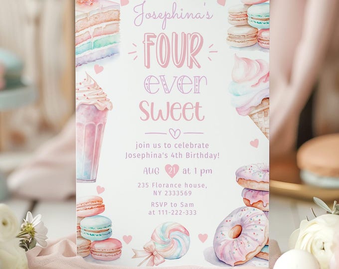 Four ever Sweet 4th birthday invitation. Pastel sweets macarons birthday invitation. Girl pastel 4th birthday invitation. Corjl #ice1