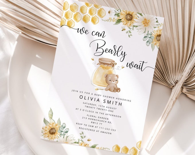 We can bearly wait Baby Shower Invitation. Editable Sunflower honey bear Baby Shower Invitation. Baby Boy Shower Invitation #hb1