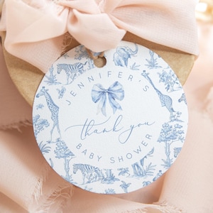 Toile de Jouy Blue Safari animais obrigado adesivo modelo. Animais da selva Toile redondo favor tag, Corjl modelo #toi1