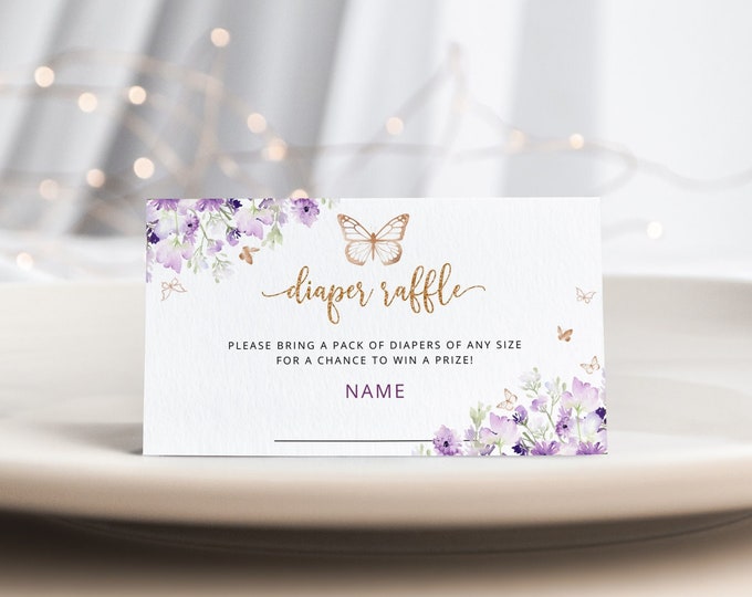 Purple butterfly floral diaper raffle ticket. Butterfly diaper raffle ticket. Girl diaper raffle ticket. Instant Download #06