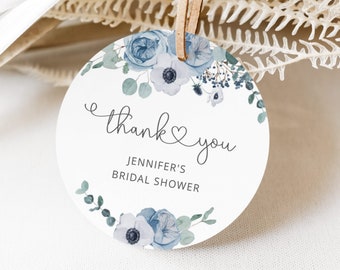 Dusty Blue Floral Favor Tag Template: Bridal Shower Printable (Corjl)  #dus