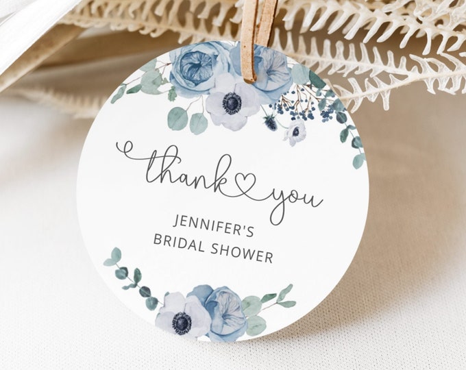 Dusty blue round favor tag template. Dusty blue Bridal shower round favor tag template. Eucalyptus dusty blue round tag Corjl printable #dus