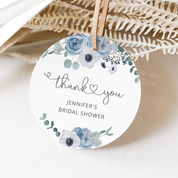 Dusty blue round favor tag template. Dusty blue Bridal shower round favor tag template. Eucalyptus dusty blue round tag Corjl printable #dus