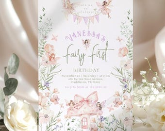 Fairy First Girl Birthday invitation template | Editable Enchanted Forest Girl 1st Birthday #ff1