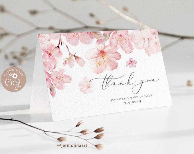 Sakura thank you card. Elegant minimalist cherry blossom baby shower thank you card. Editable modern thank you card #s1
